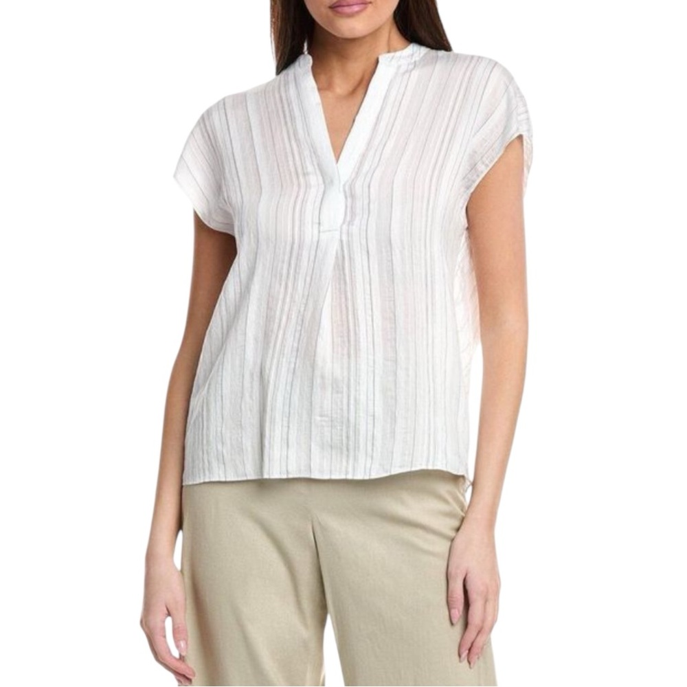 Vince Women Drapey Stripe Band Collar Popover Size XS White with Black Pinstripe